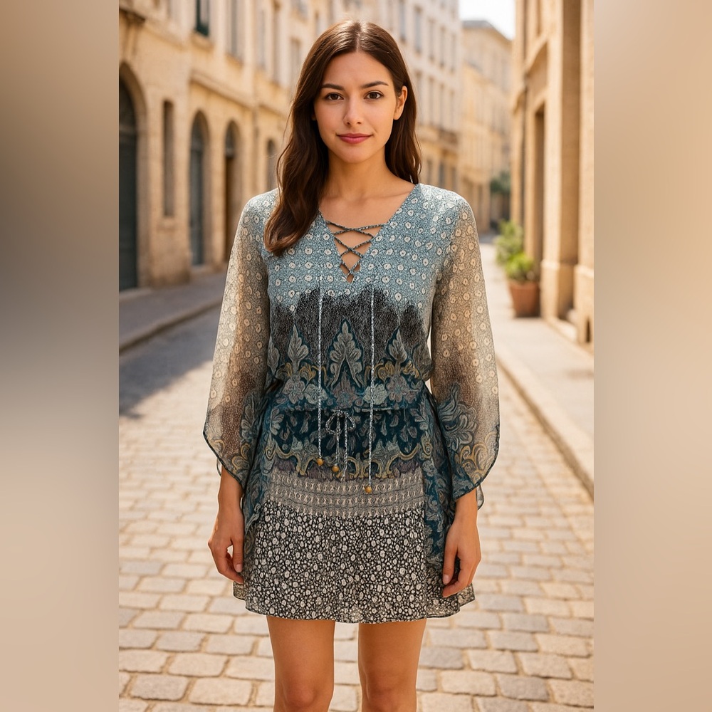 Green Asymmetrical Blouse with Tie Front and Billowy Sleeves